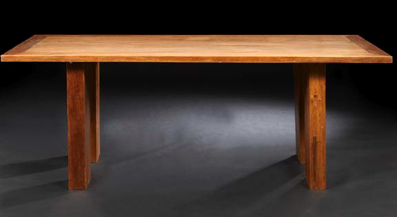 Appraisal: Art Deco-Style Teak Dining Table the rectangular banded top raised