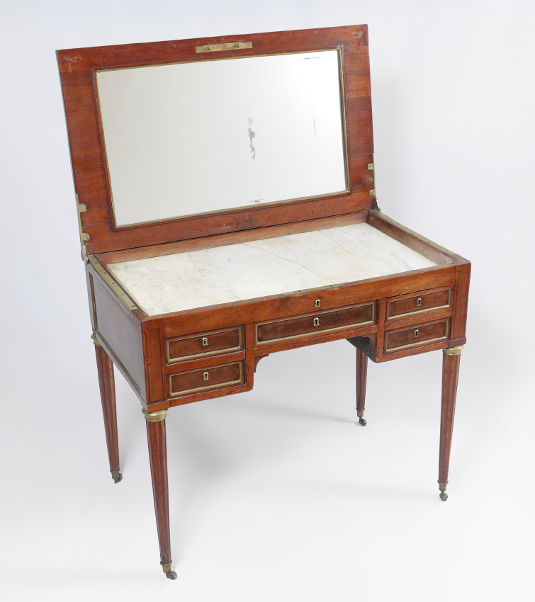 Appraisal: FRENCH MAHOGANY HINGED TOP VANITY WITH MARBLE Mahogany hinged lift