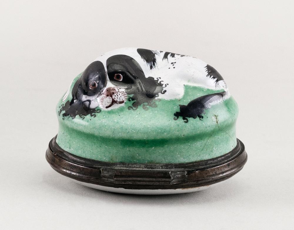 Appraisal: ENGLISH ENAMEL SPANIEL BONBONNIERE CIRCA LENGTH ENGLISH ENAMEL SPANIEL BONBONNIERE