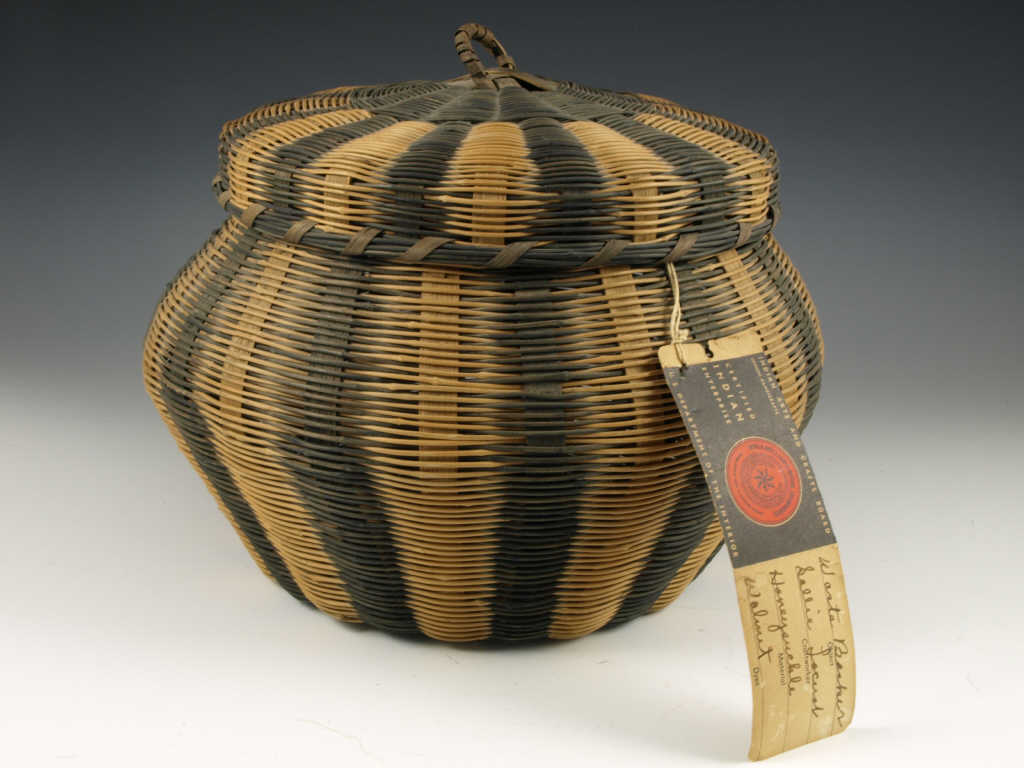 Appraisal: Native American Basket with Lid Sallie Locust circular tapering form