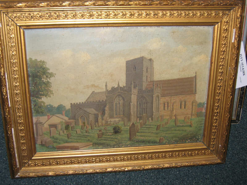 Appraisal: BRITISH SCHOOL TH CENTURY Cathedral grounds with graveyard oil on