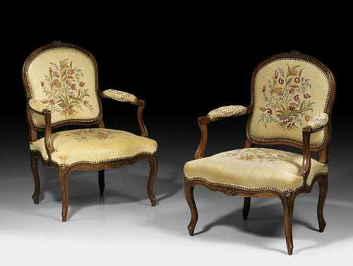 Appraisal: PAIR OF LARGE BEECH FAUTEUILS A LA REINE Louis XV