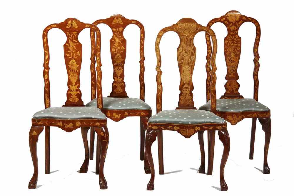 Appraisal: SIMILAR DUTCH INLAID DINING CHAIRS - Four Similar Dutch Side