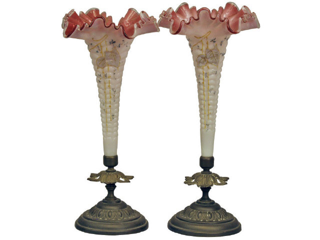 Appraisal: Pair of white to cranberry hand painted single epergnes on