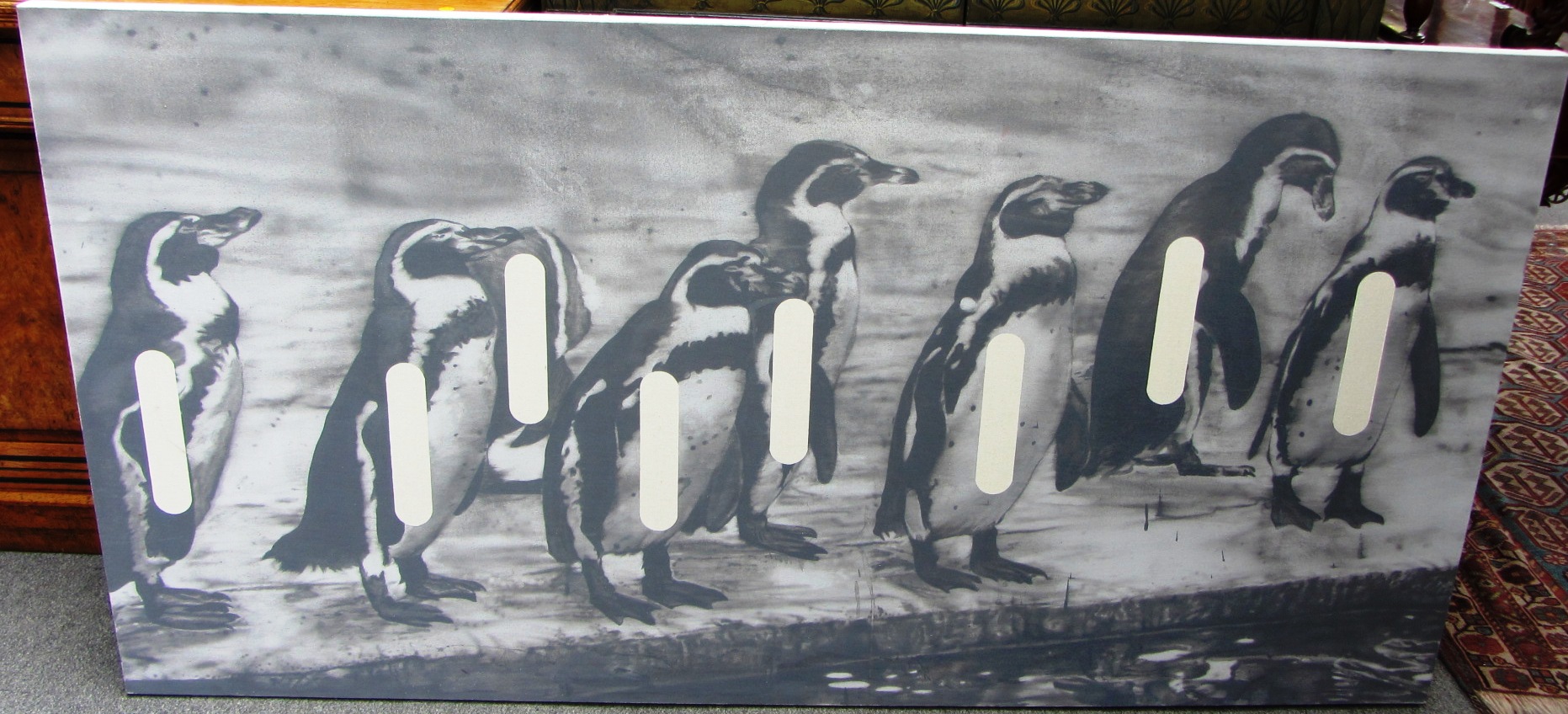 Appraisal: Masakatsu Kondo b Penguins oil on canvas unframed cm x