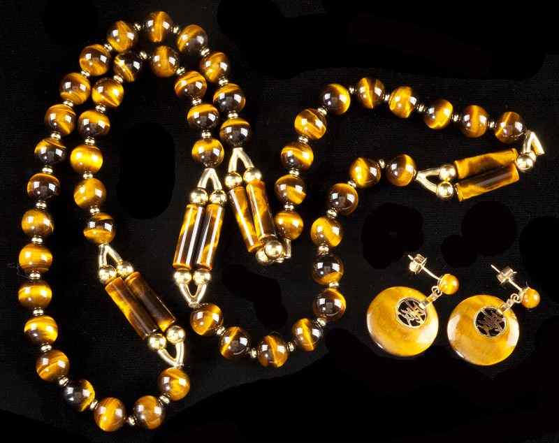 Appraisal: Gold and Tiger Eye Bead Necklace and Earringsthe necklace comprised