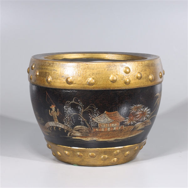 Appraisal: Chinese gilt lacquer-imitating porcelain with figures and river scenes overall