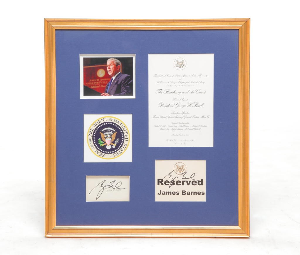 Appraisal: FRAMED GEORGE W BUSH AUTOGRAPHS Dated October Two signatures Luncheon