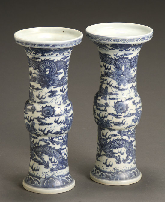 Appraisal: Pair Chinese Blue and White 'Gu' Form 'Dragon' Vases People's