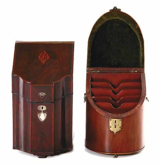 Appraisal: English mahogany knife boxes th century serpentine front and inlaid