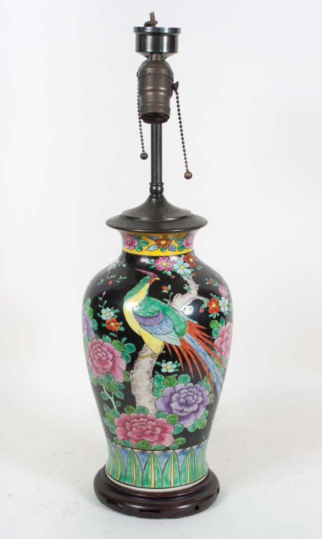 Appraisal: Chinese Export style porcelain vase lamp Famille Noir with floral