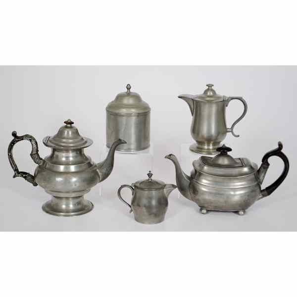 Appraisal: English and American Pewter Coffee Pot and Accessories English and