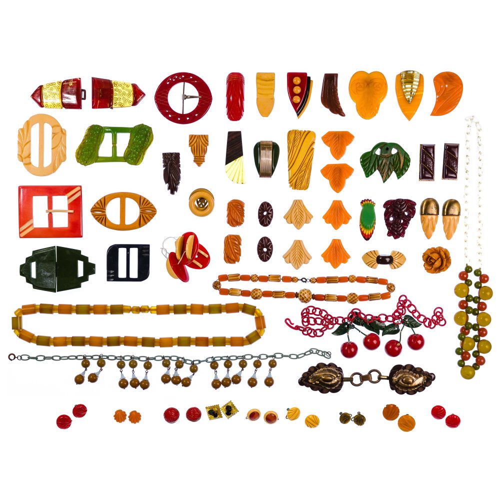 Appraisal: BAKELITE JEWELRY ASSORTMENT items including earrings pins necklaces and belt