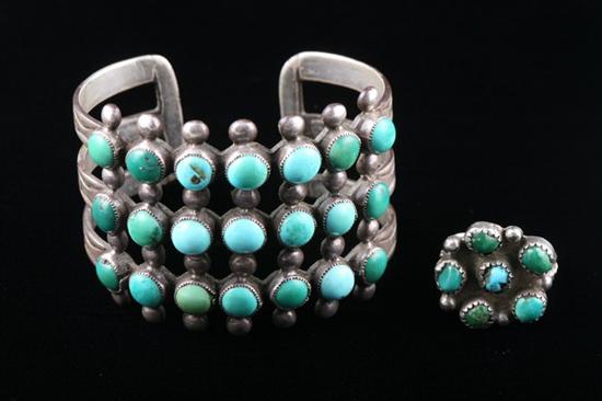 Appraisal: ZUNI STERLING SILVER AND TURQUOISE CUFF BRACELET AND RING Circa