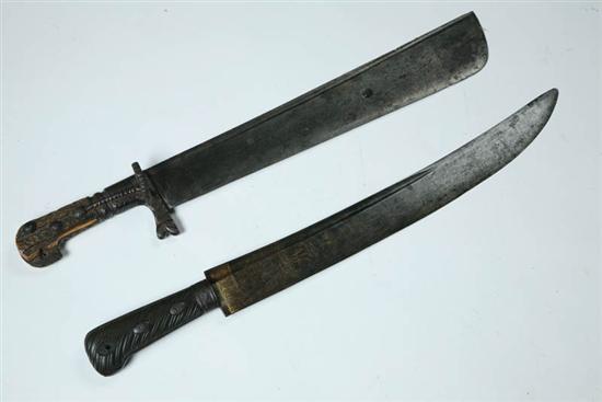 Appraisal: TWO HUNTING SWORDS Germany mid th century Wide single-edged blade