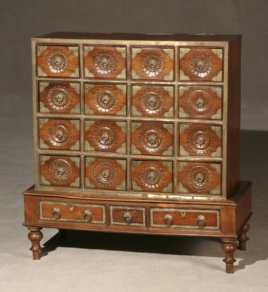 Appraisal: Anglo-Indian Brass Mounted and Carved Hardwood Chest-on-Stand th Century Height