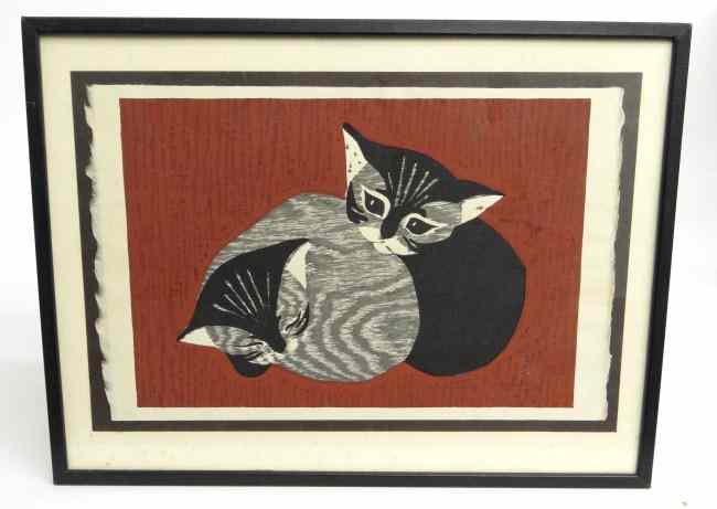 Appraisal: Signed ''Kaoru Kawana'' woodblock print cat Sight '' x ''