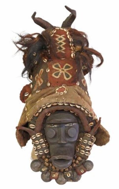 Appraisal: Large African tribal mask animal horns and hair over fabric