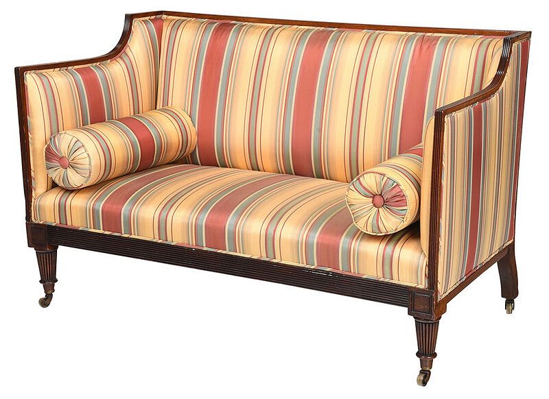 Appraisal: Regency Mahogany Striped Silk Upholstered Sofa British th century squared