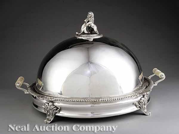 Appraisal: A Regency-Style Silverplate Circular Covered Meat Dish two-handled hot water