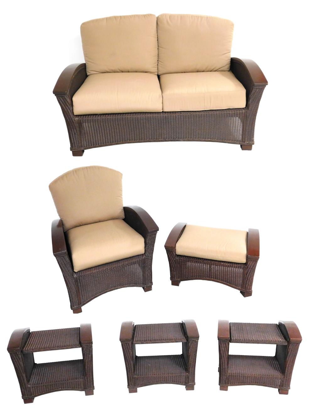 Appraisal: Modern wicker suite six pieces include settee armchair ottoman and