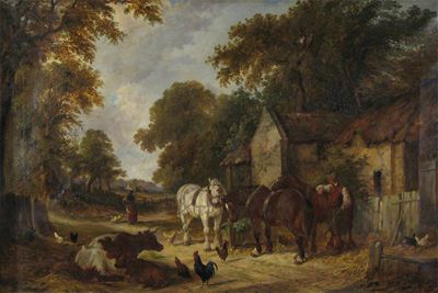 Appraisal: S J Clarke th Century Farmyard scene with horses and