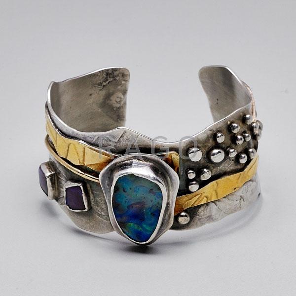 Appraisal: OLGA GANOUDIS OPAL AND MIXED METAL CUFF Condition Report