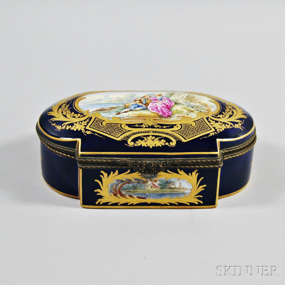 Appraisal: Sevres-style Porcelain Box early th century dark blue ground with