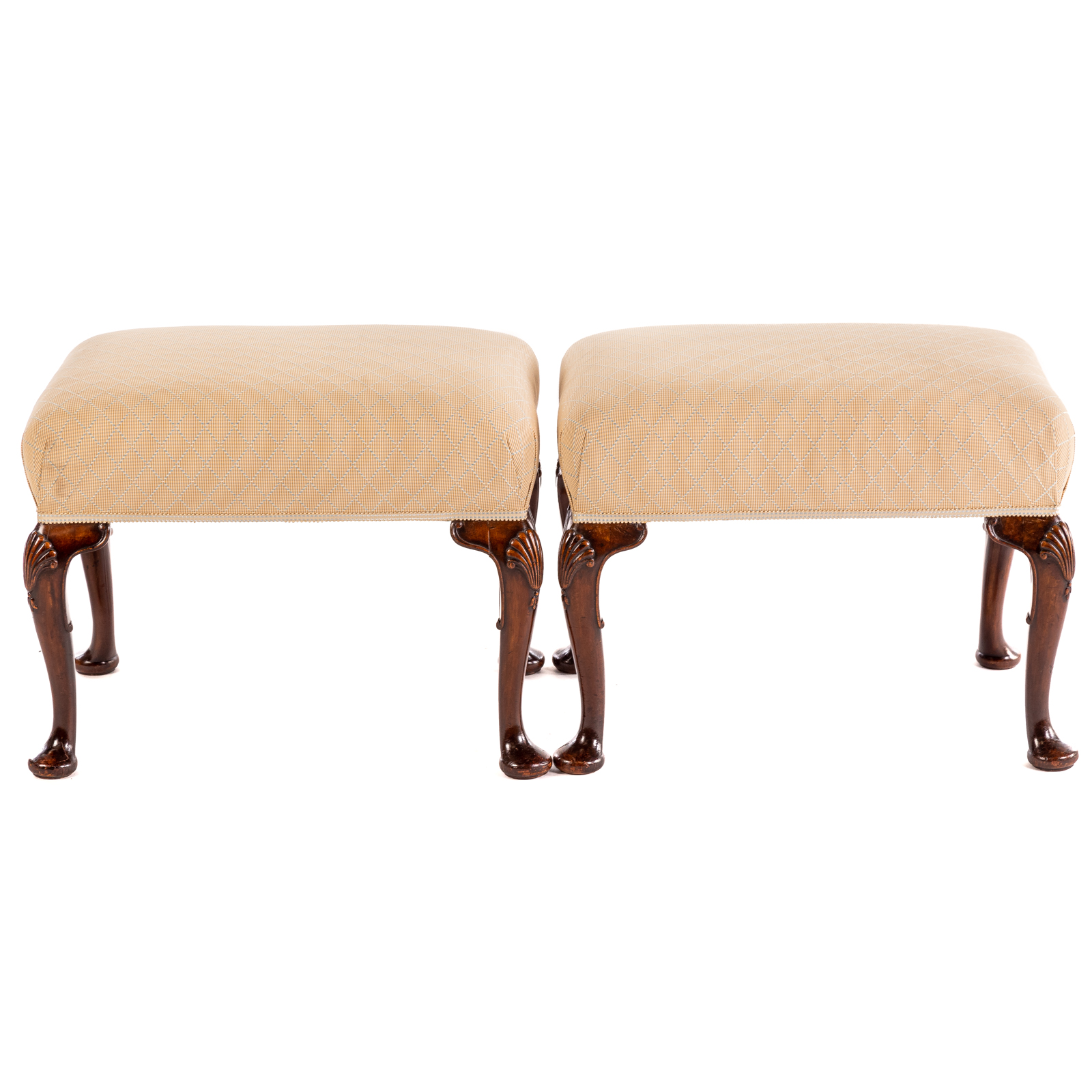 Appraisal: A PAIR OF GEORGE II STYLE MAH UPHOLSTERED BENCHES With