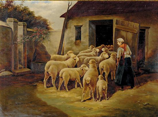 Appraisal: Continental school early th century SHEEP IN BARNYARD WITH SHEPHERDESS