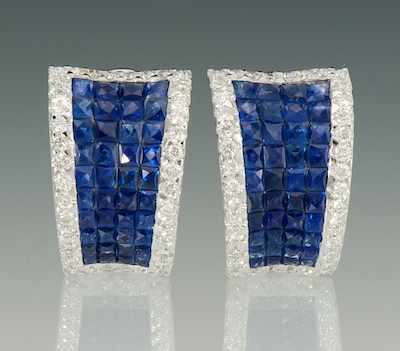 Appraisal: A Pair of Sapphire and Diamond Earrings by Eli Frei