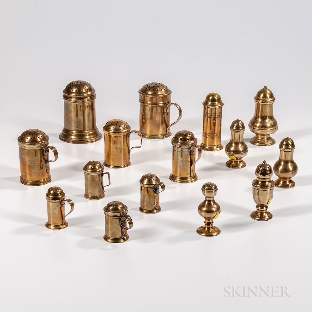 Appraisal: Ten Brass Muffineers and Five Brass Casters Ten Brass Muffineers