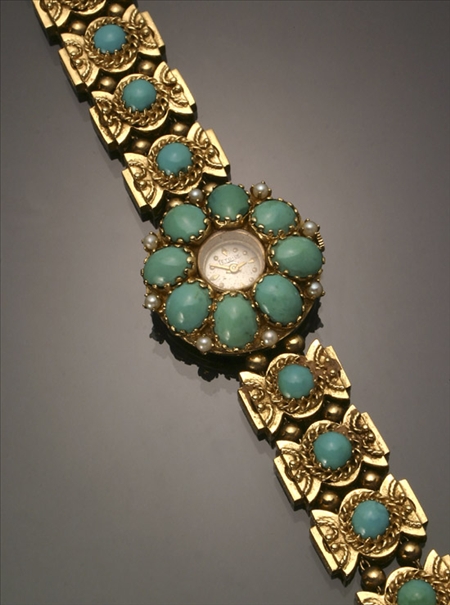 Appraisal: Lady's -Karat Yellow-Gold Turquoise and Seed Pearl -Jewel Manual-Wind Wristwatch