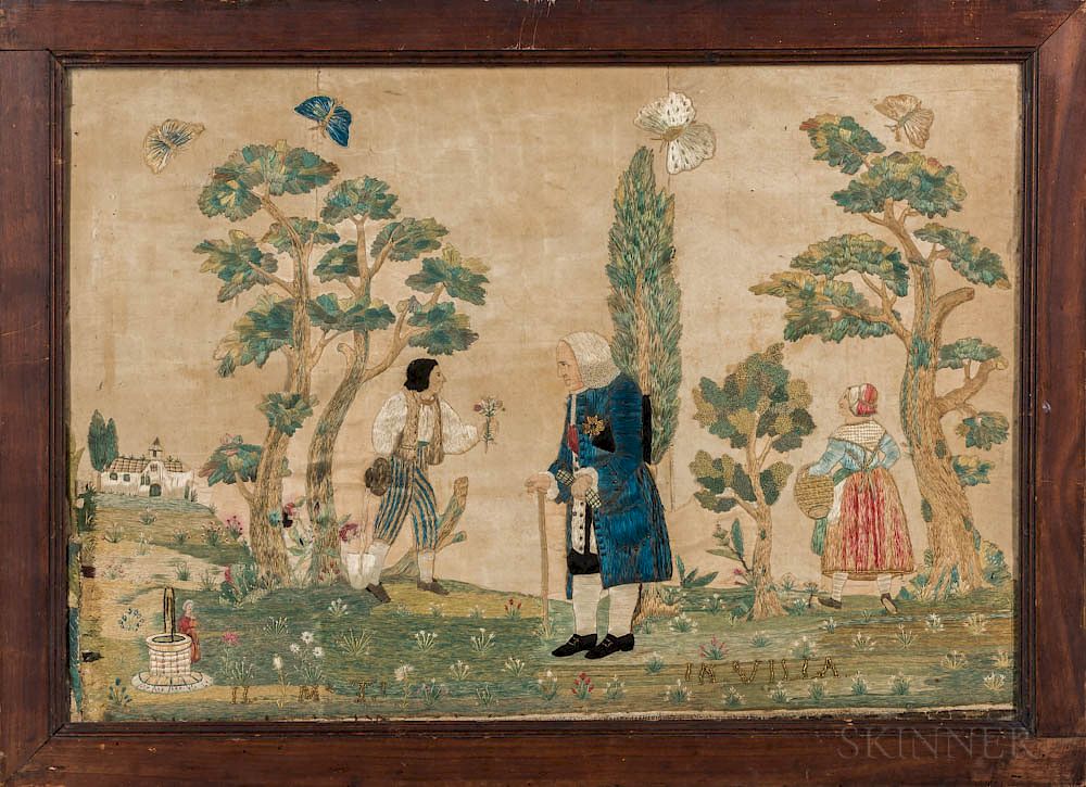 Appraisal: Pictorial Needlework of Figures in Garden Pictorial Needlework of Figures