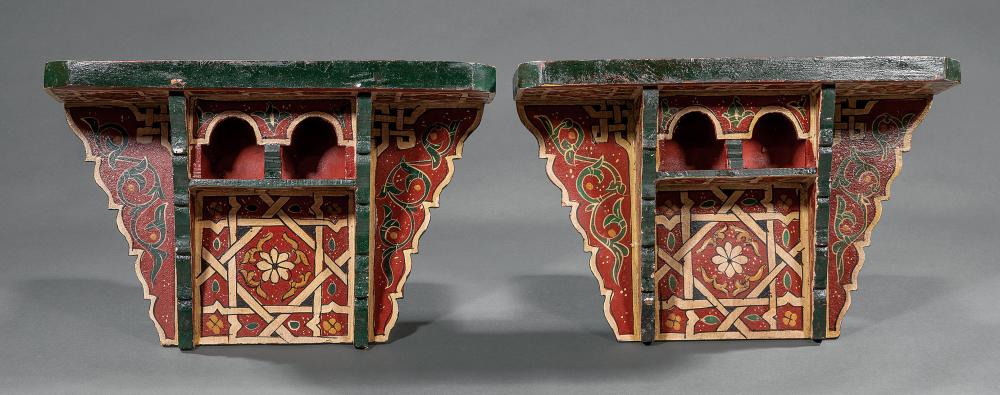 Appraisal: Pair of Moorish-Style Painted Brackets red ground h in w