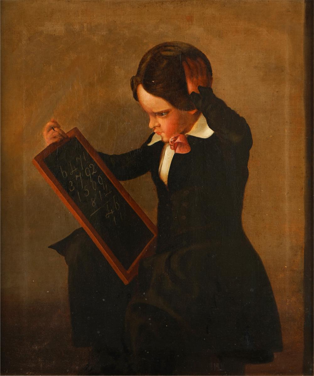 Appraisal: AMERICAN SCHOOL TH CENTURY CHILD WITH CHALKBOARDOil on canvas relined