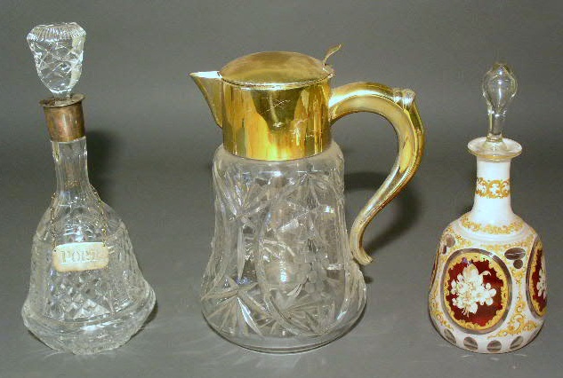 Appraisal: Pressed glass decanter with silver collar and wine label Port