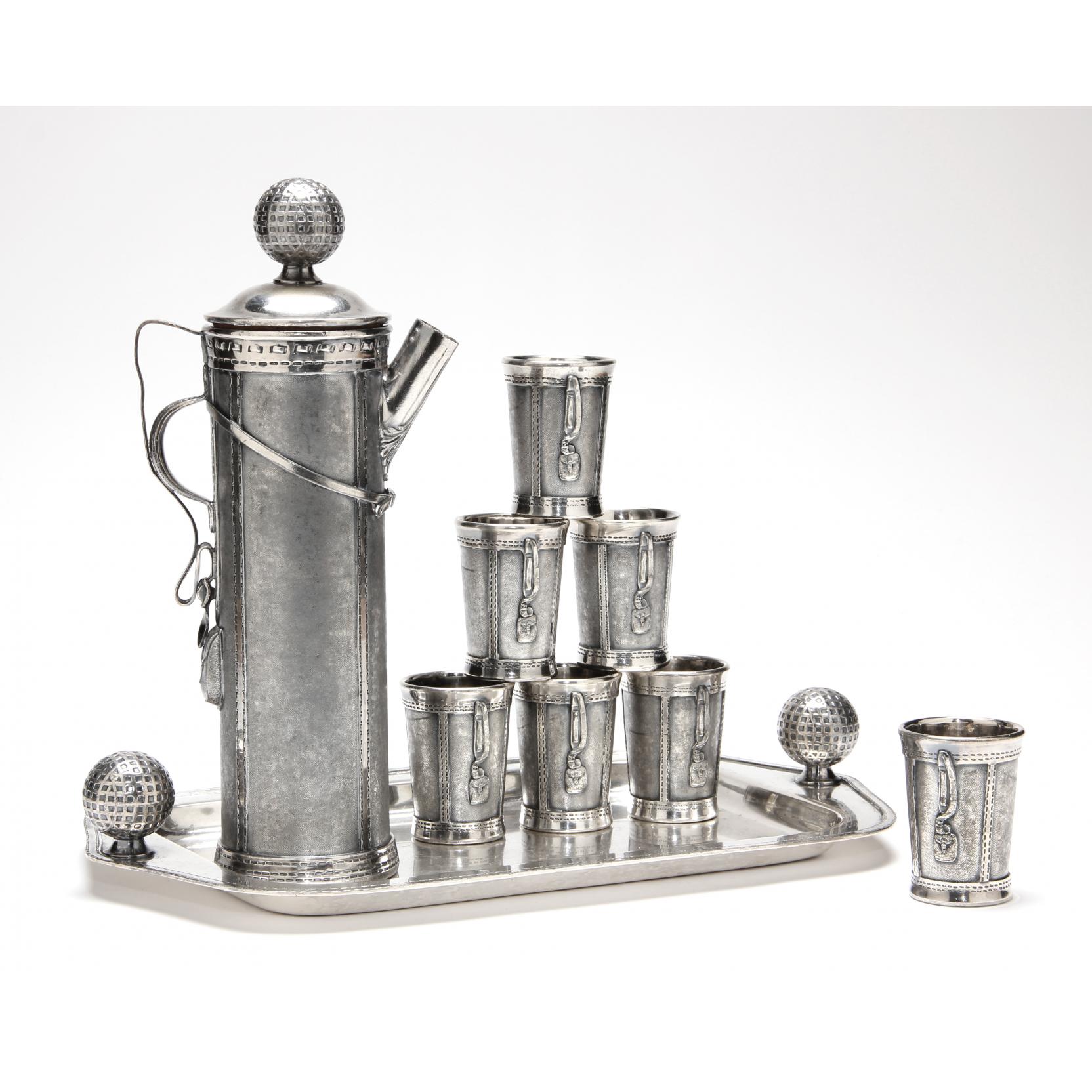 Appraisal: A Novelty Silverplate Golfing Cocktail Shaker Cups Tray designed by