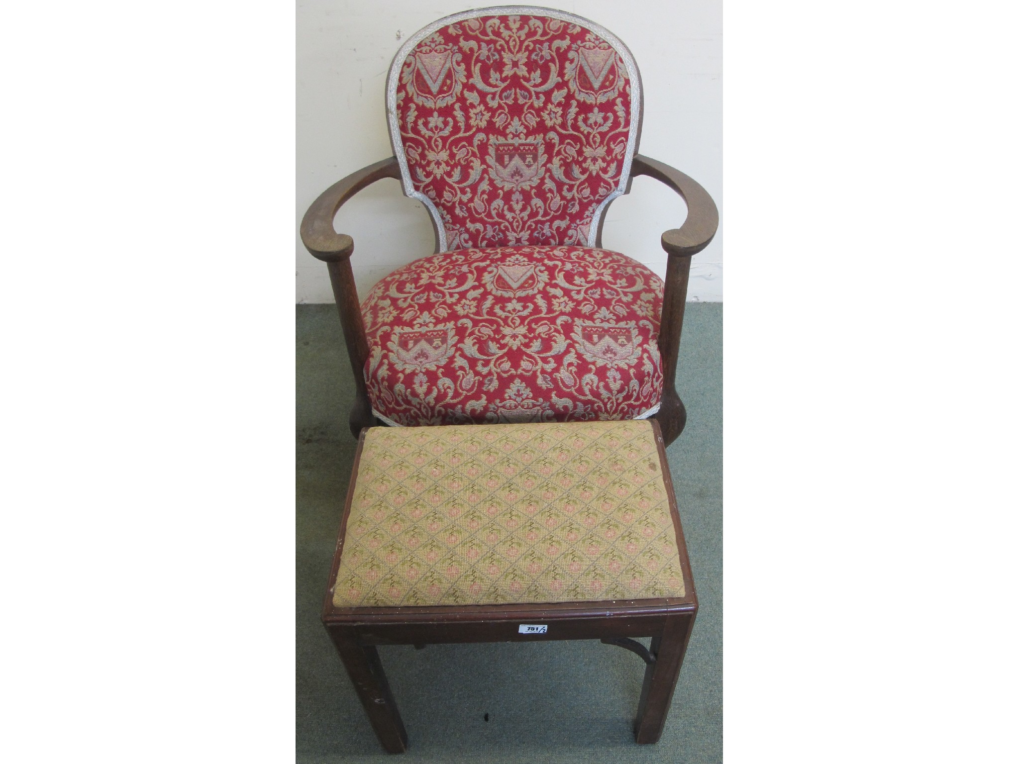 Appraisal: A Victorian upholstered oak armchair and a mahogany piano stool