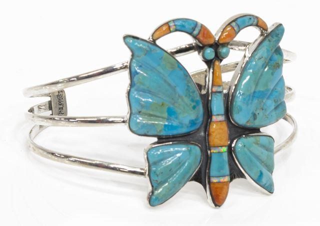 Appraisal: Southwest style sterling silver cuff bracelet inlaid butterfly with turquoise