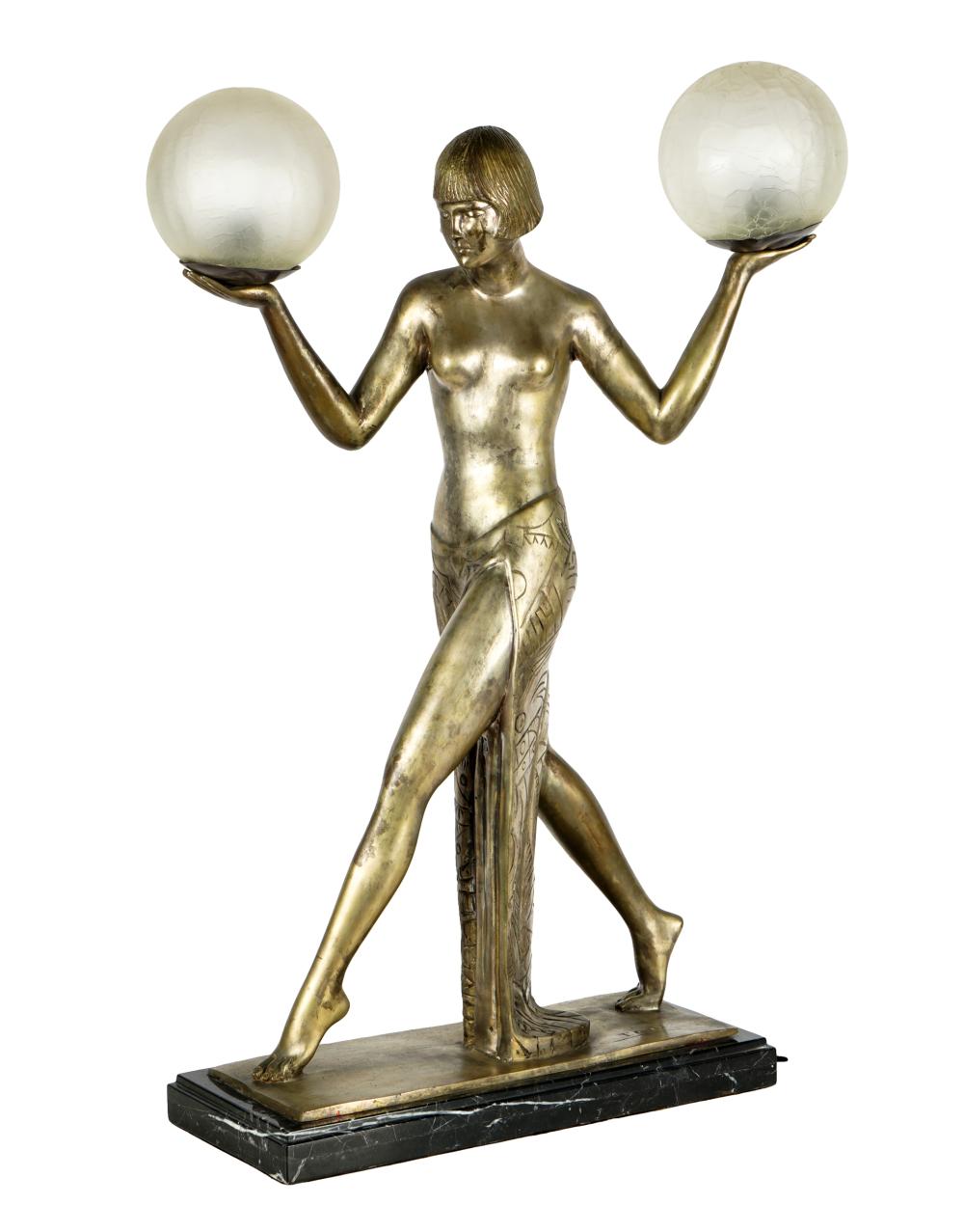 Appraisal: ART DECO-STYLE FIGURAL LAMPgilt metal frosted glass and marble signed