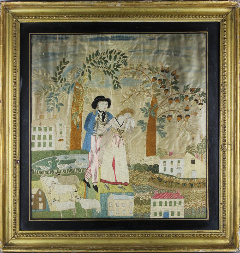 Appraisal: AMERICAN OR ENGLISH PAINTED SILKWORK EMBROIDERY OF A YOUNG COUPLE