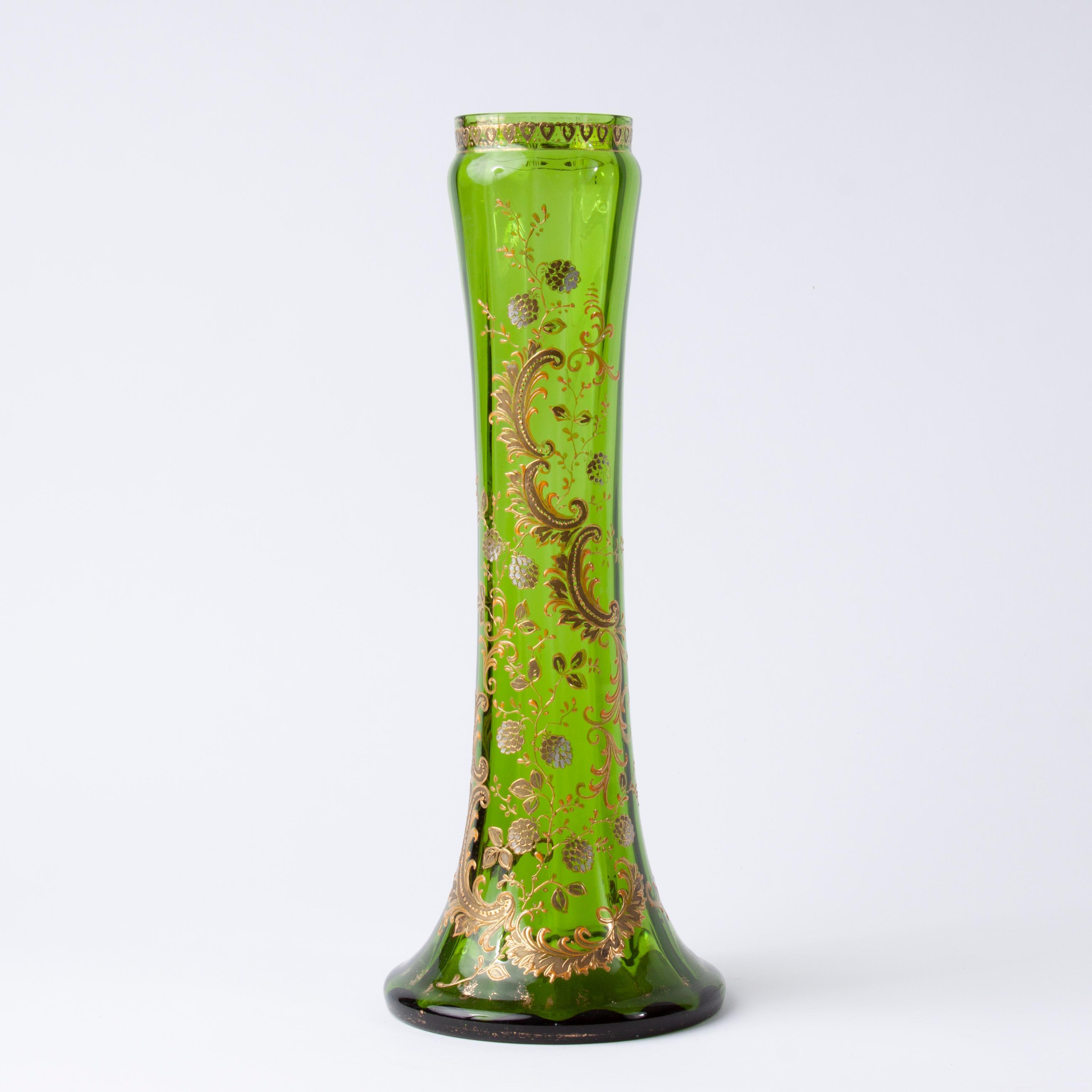 Appraisal: VICTORIAN GREEN ART GLASS VASE WITH ENAMEL DESIGNS A late