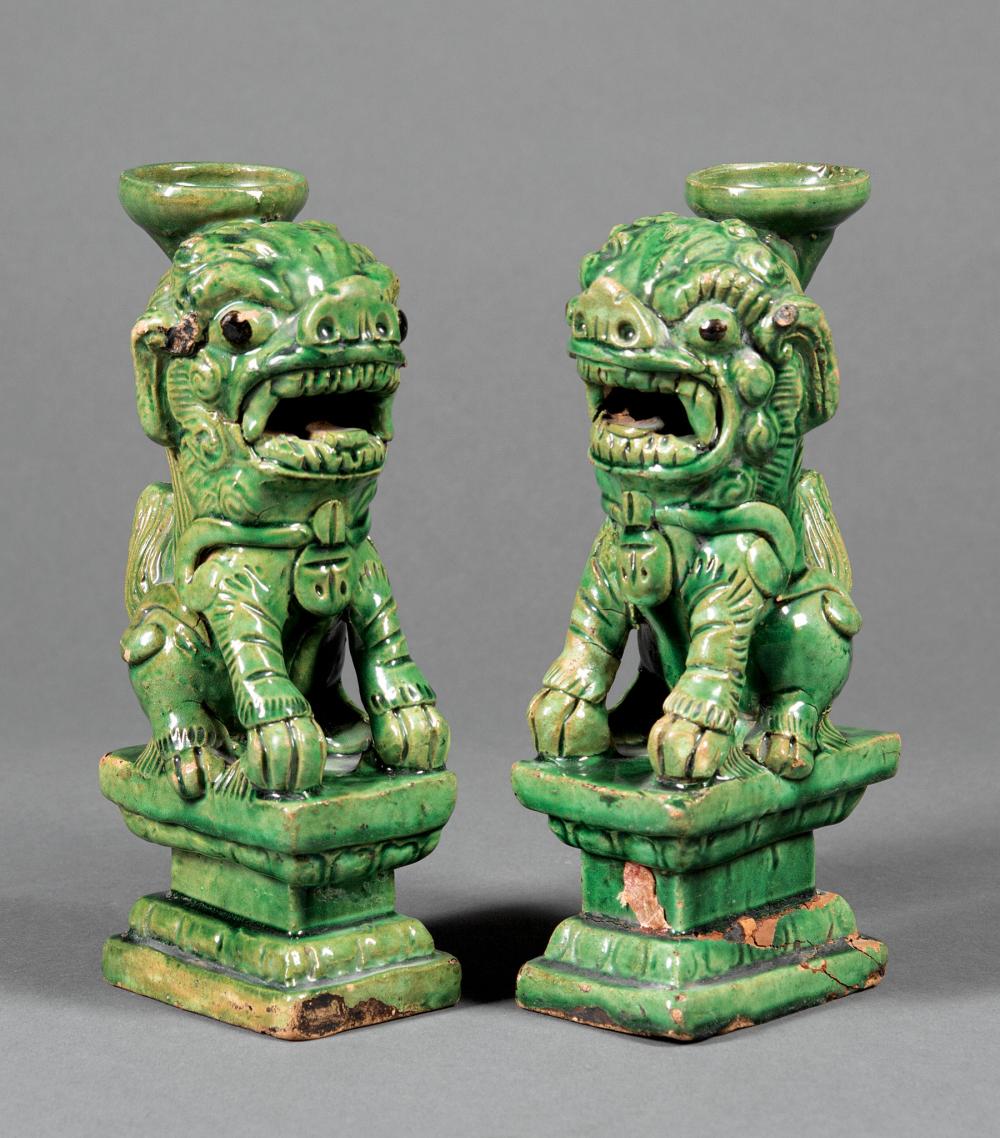 Appraisal: Pair of Chinese Green Glazed Stoneware Pricket Stands late th