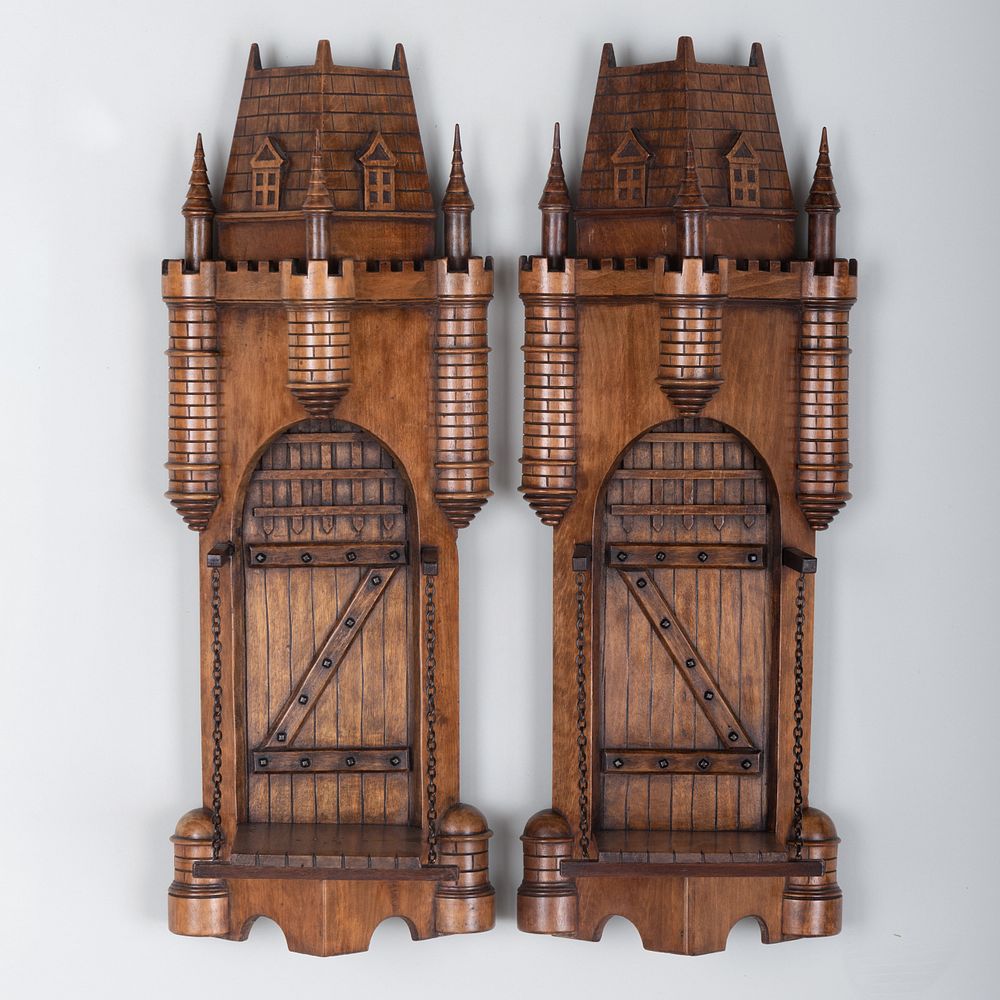 Appraisal: Pair of Small Stained Wood Models of Draw Bridges x