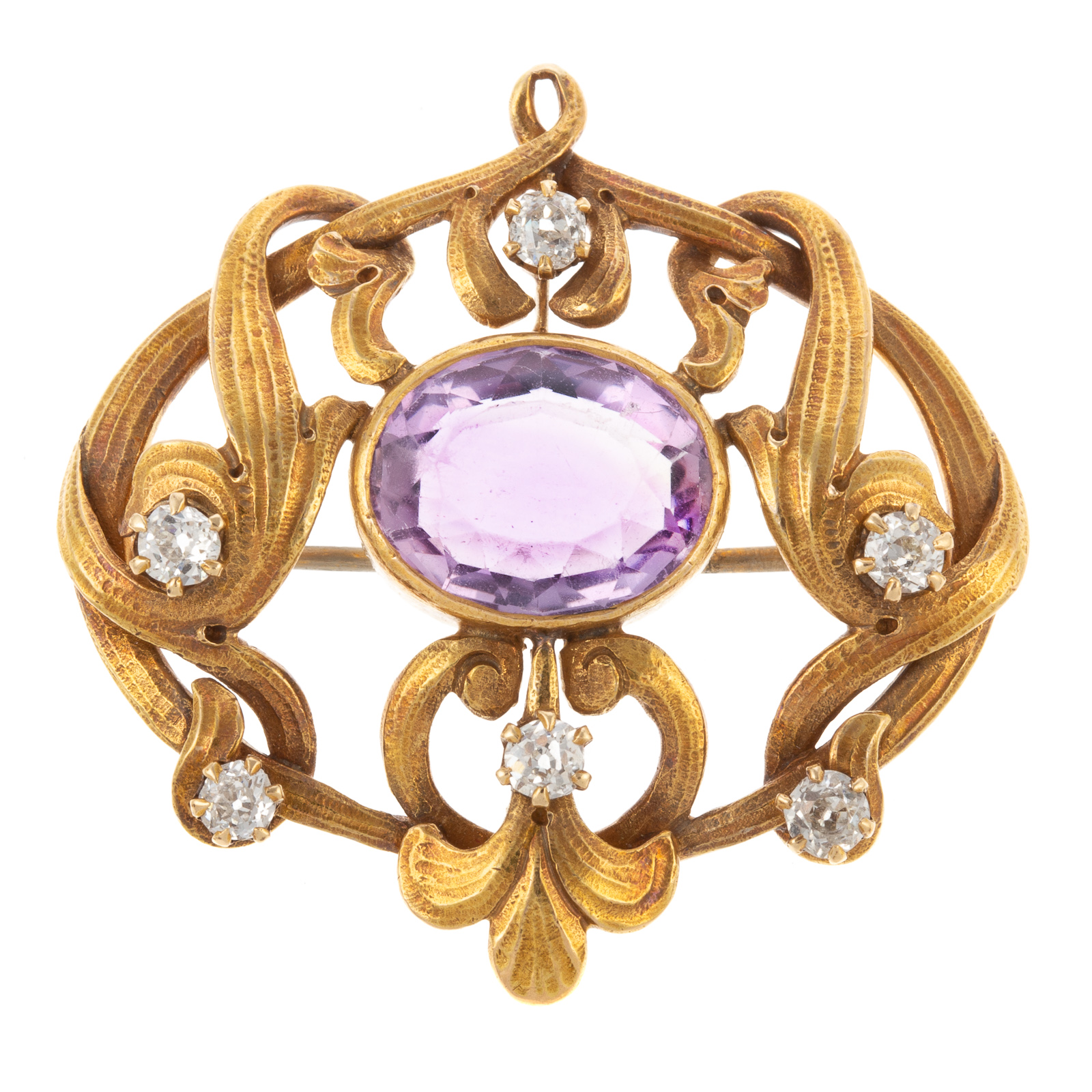 Appraisal: AN ART NOUVEAU AMETHYST DIAMOND BROOCH IN K c K