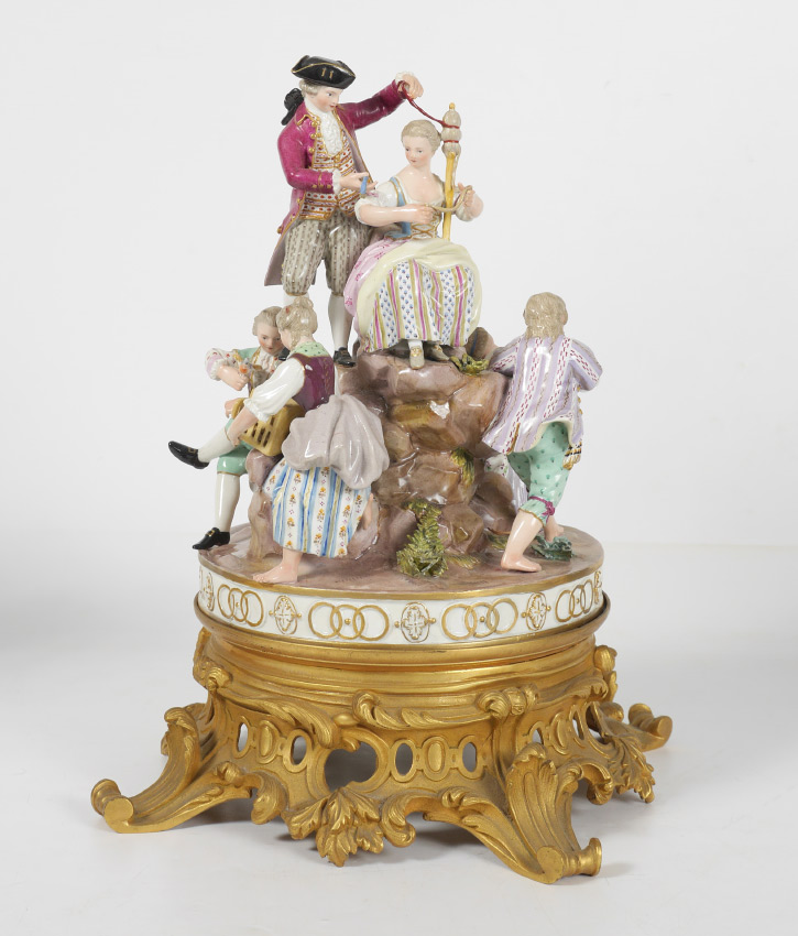 Appraisal: LARGE MEISSEN FIGURAL GROUP ON PEDESTAL Porcelain figural group featuring