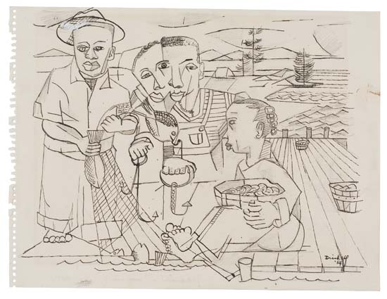 Appraisal: DAVID C DRISKELL - Fisherman Pen and ink over pencil