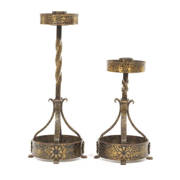 Appraisal: TWO BRUTALIST STYLE WROUGHT IRON WITH BRONZE PATINA CANDLEHOLDERS x