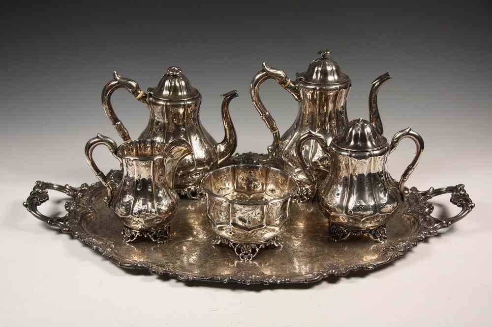 Appraisal: PC COIN SILVER TEA SET ON SHEFFIELD TRAY- Tea Service